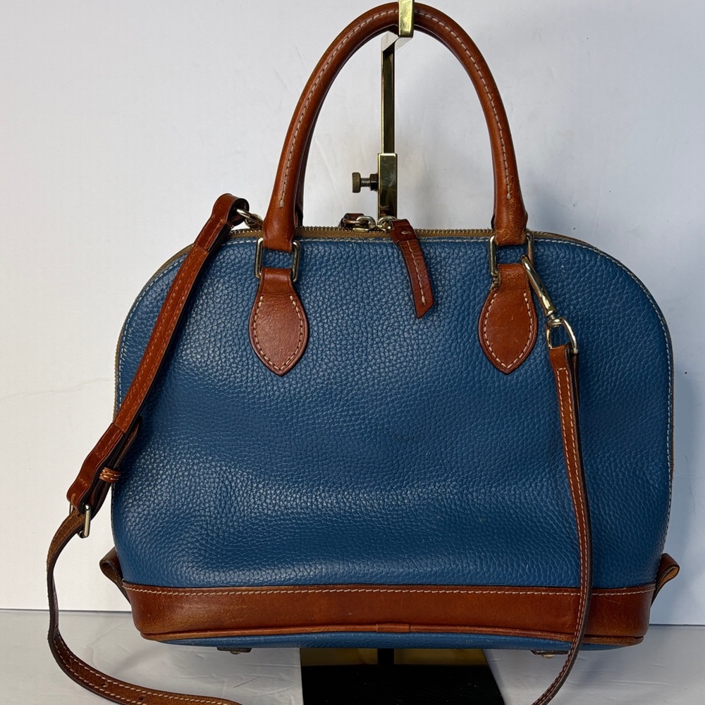 Dooney & Bourke Cerulean Blue and Tan Pebble Leather Domed Satchel - Picture 2 of 11